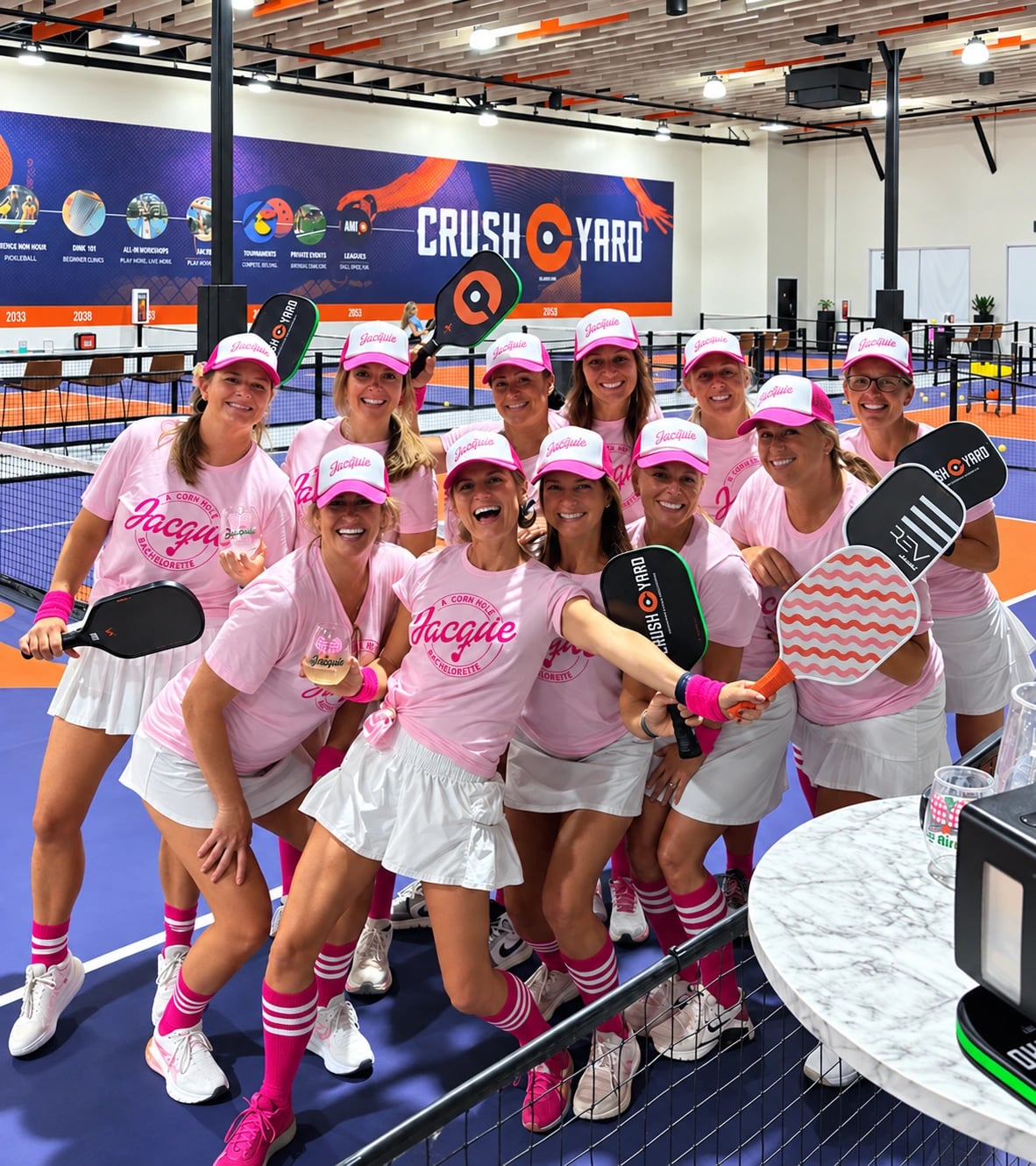 A bachelorette group in matching pink shirts celebrating on the court