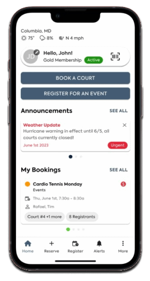 Smartphone displaying a sports app interface with weather update, court booking options, and upcoming event details.